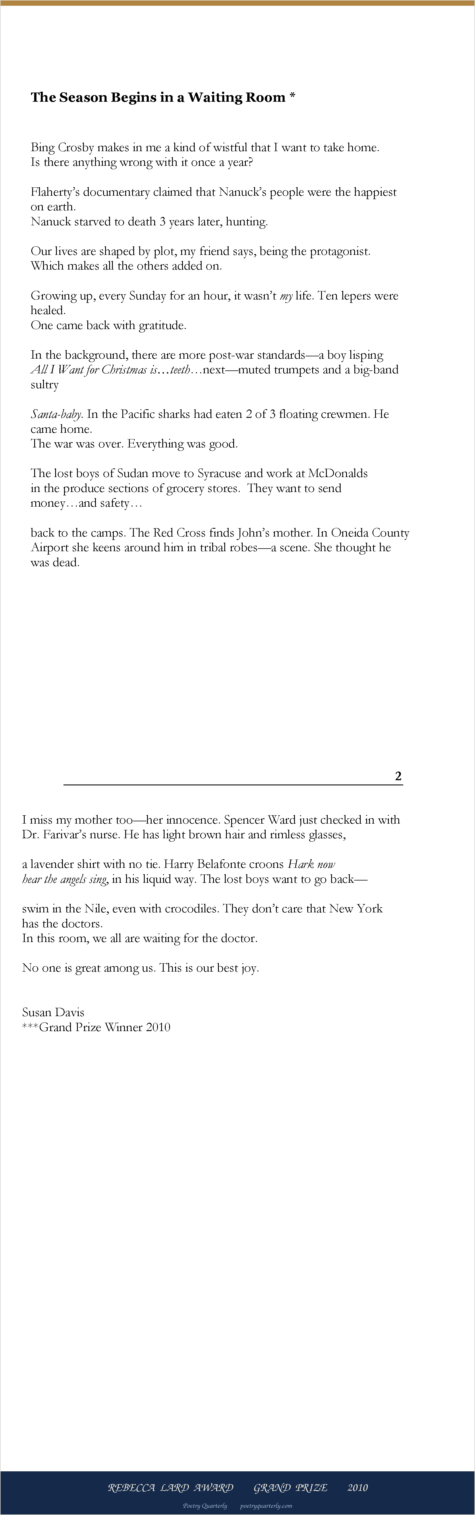 The Season Begins in a Waiting Room by Susan Davis, as printed in Poetry Quarterly