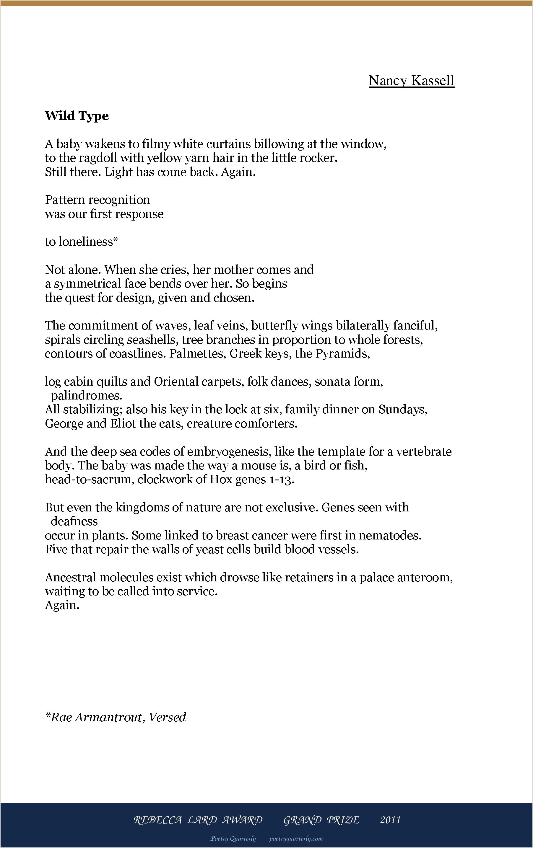 Wild Type by Nancy Kassell, as printed in Poetry Quarterly