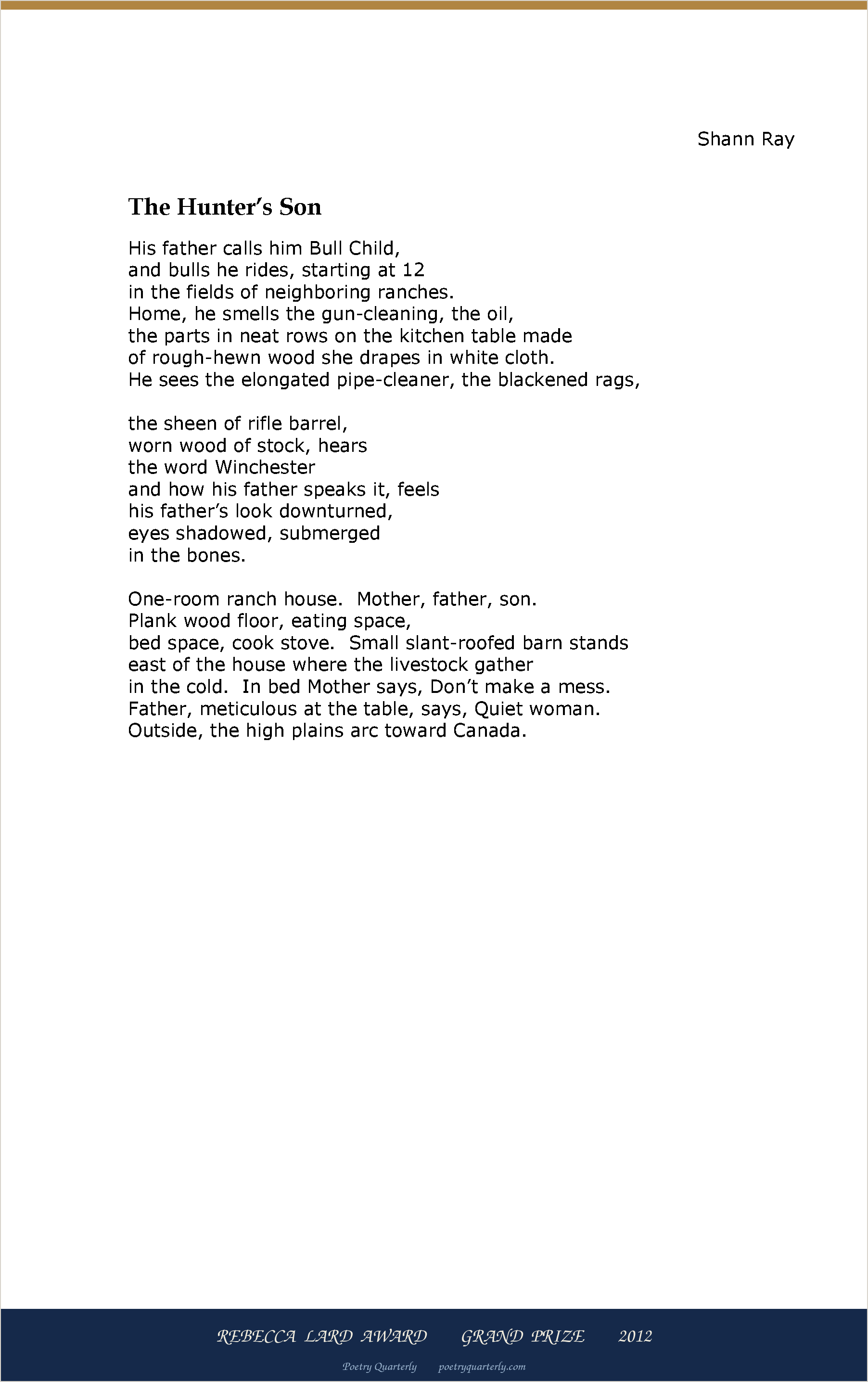 The Hunter's Son by Shann Ray, as printed in Poetry Quarterly