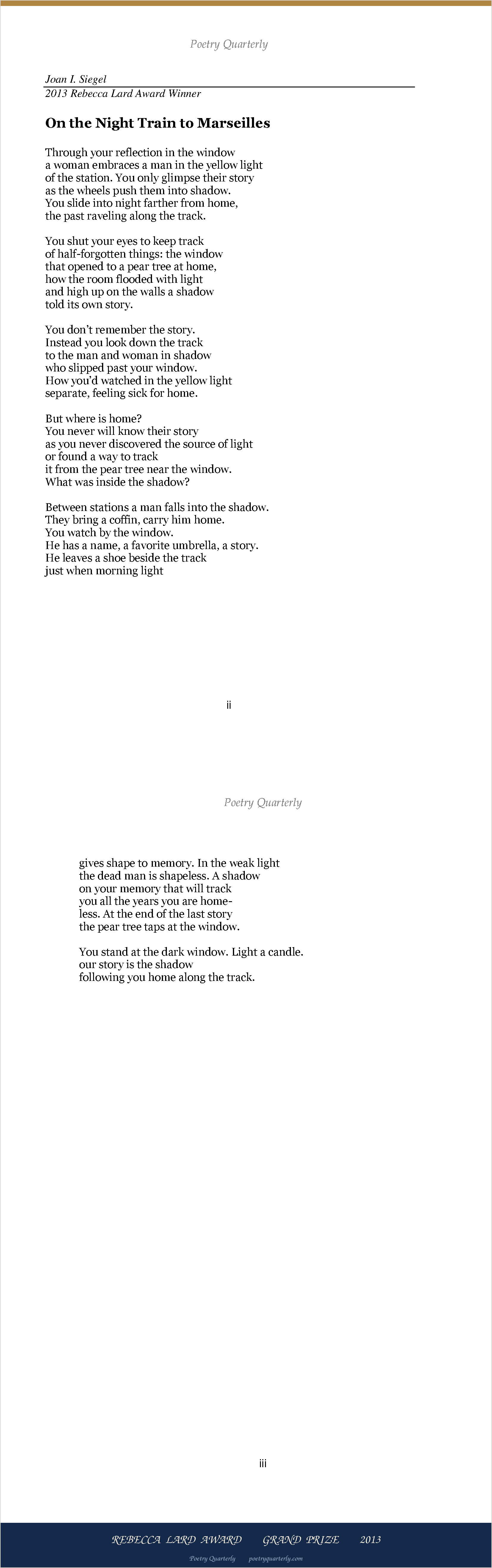 On the Night Train to Marseilles by Joan I. Siegel, as printed in Poetry Quarterly