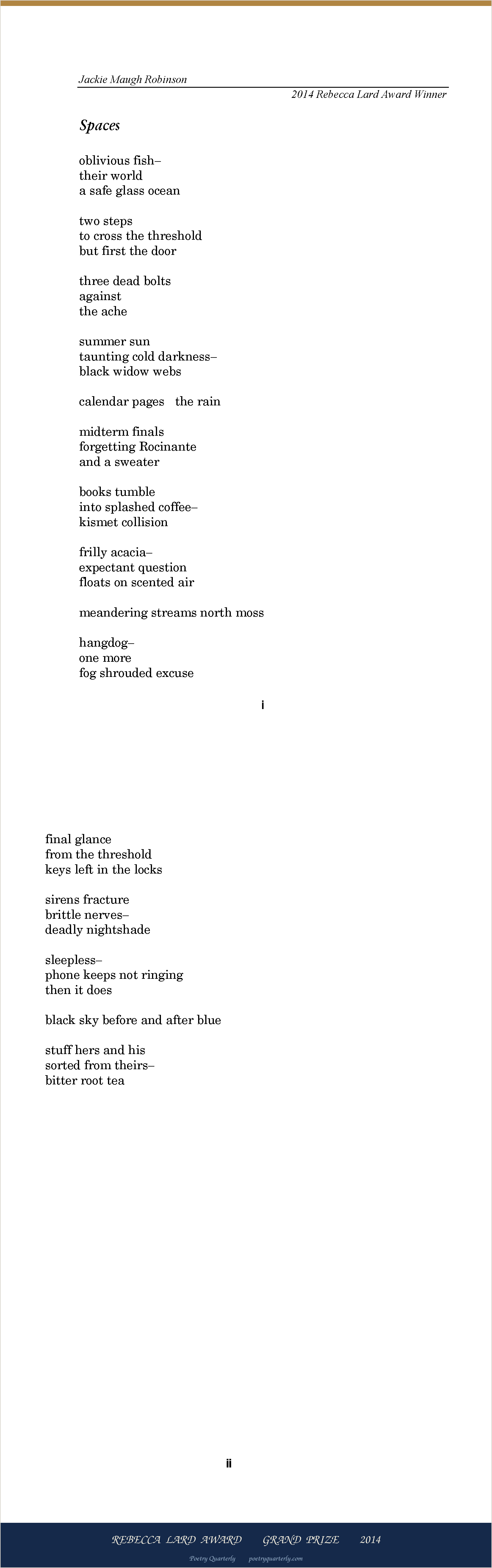 Spaces by Jackie Maugh Robinson, as printed in Poetry Quarterly