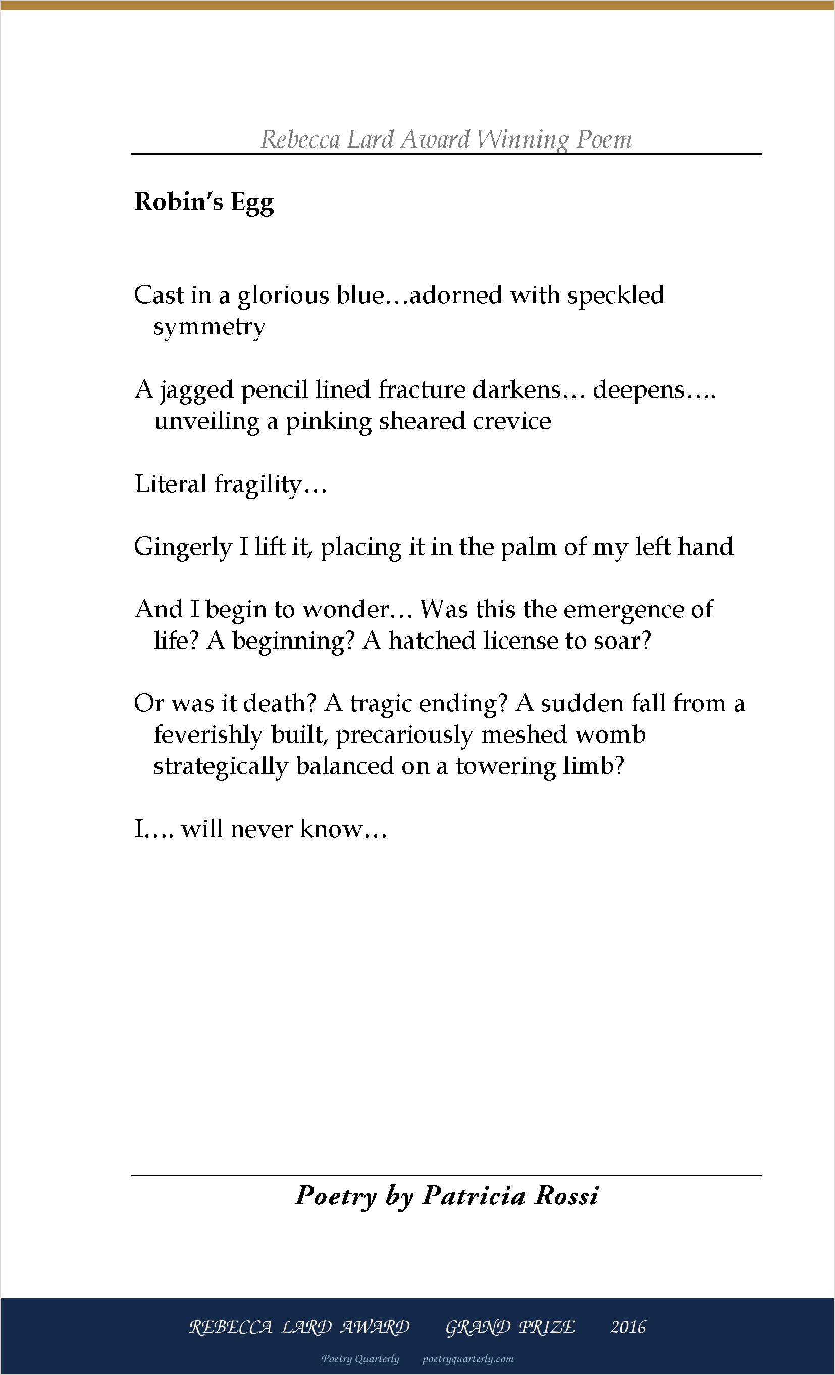 Robin's Egg by Patricia Rossi, as printed in Poetry Quarterly