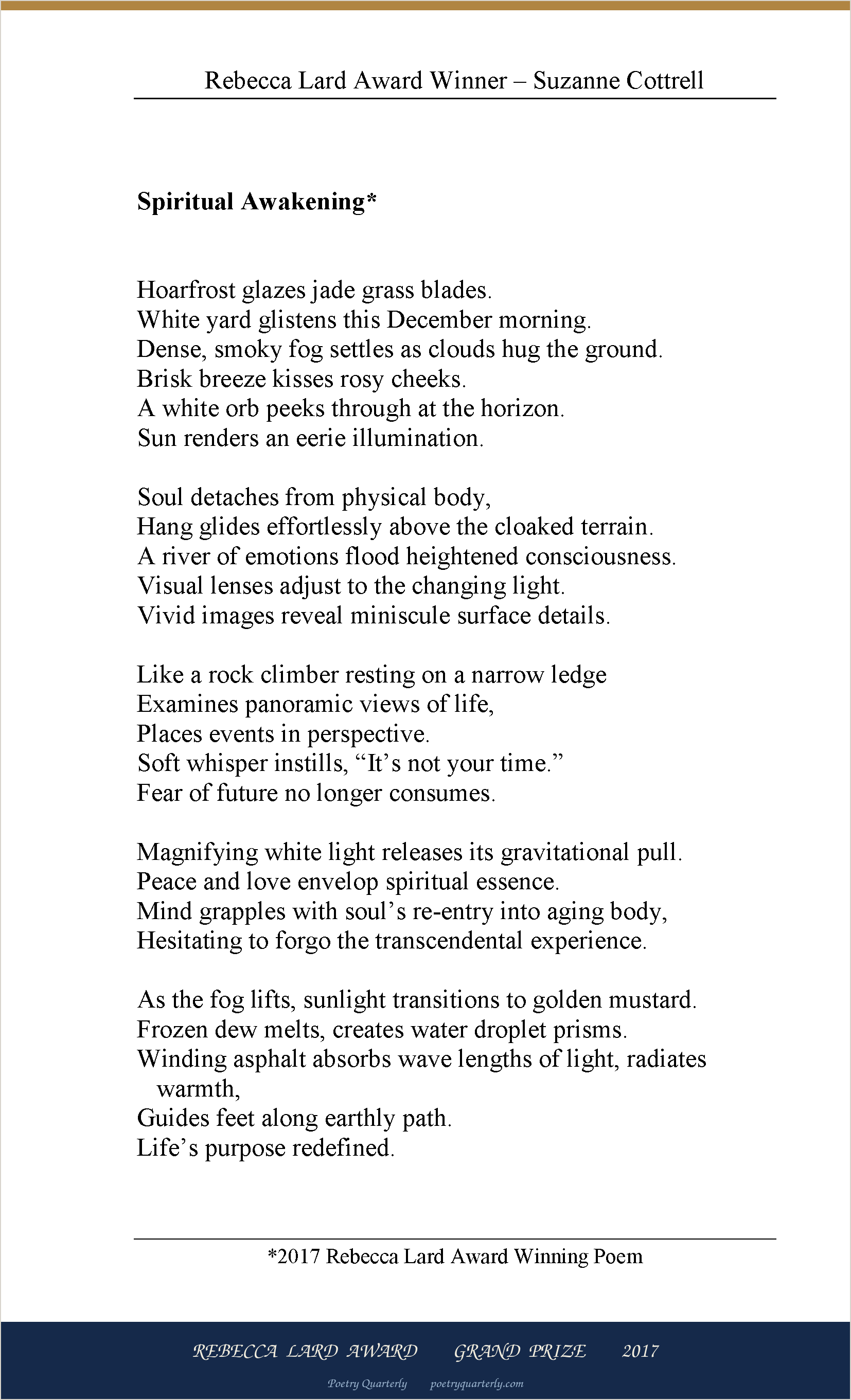 Spiritual Awakening by Suzanne Cottrell, as printed in Poetry Quarterly