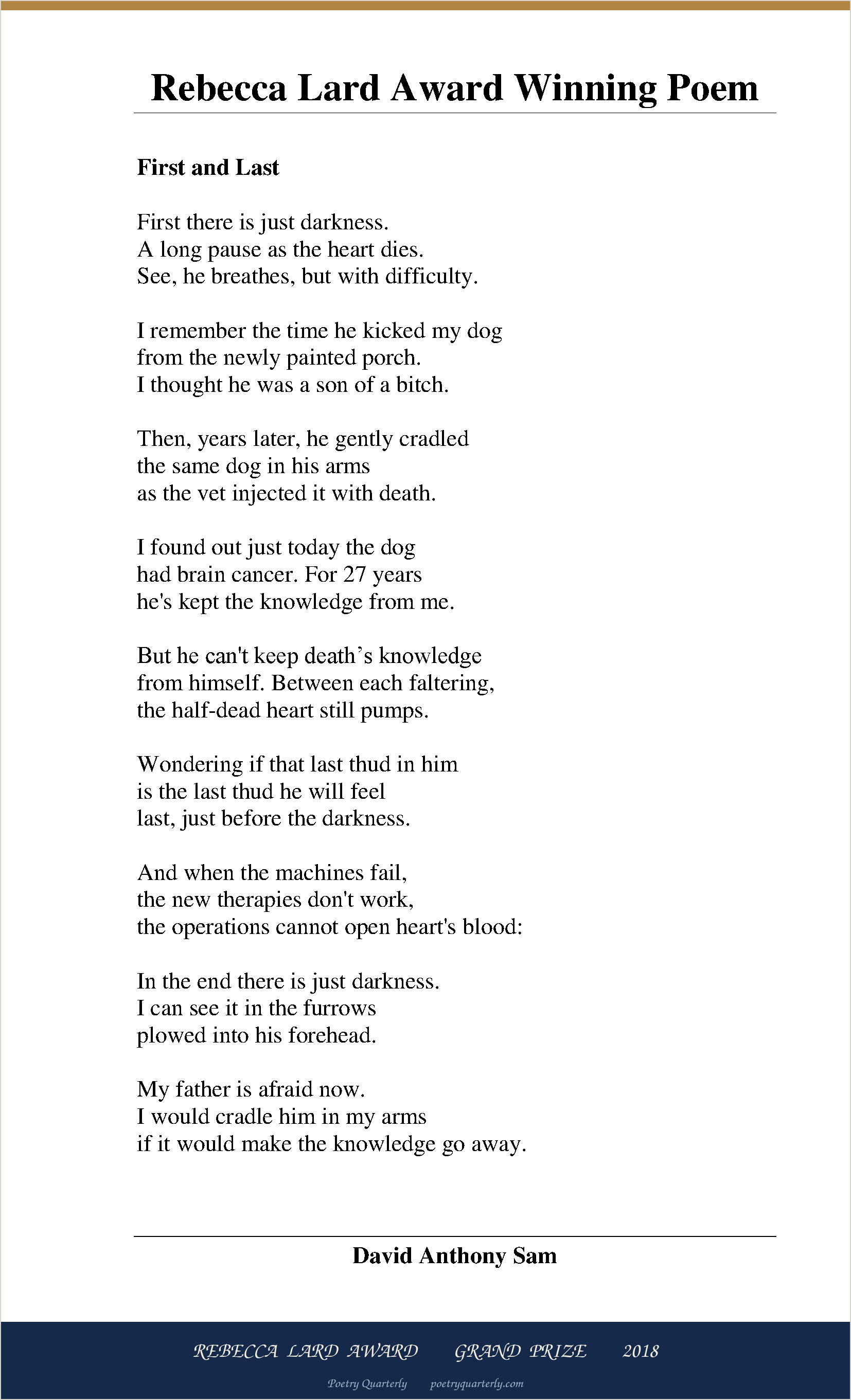First and Last by David Anthony Sam, as printed in Poetry Quarterly