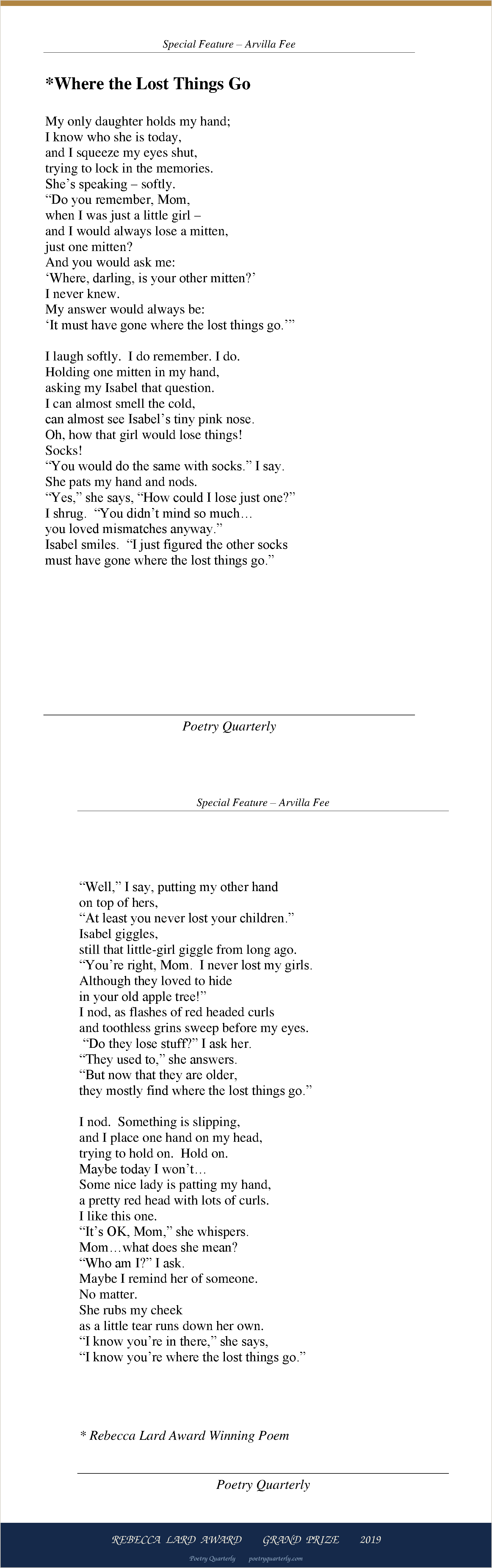 Where the Lost Things Go by Arvilla Fee, as printed in Poetry Quarterly