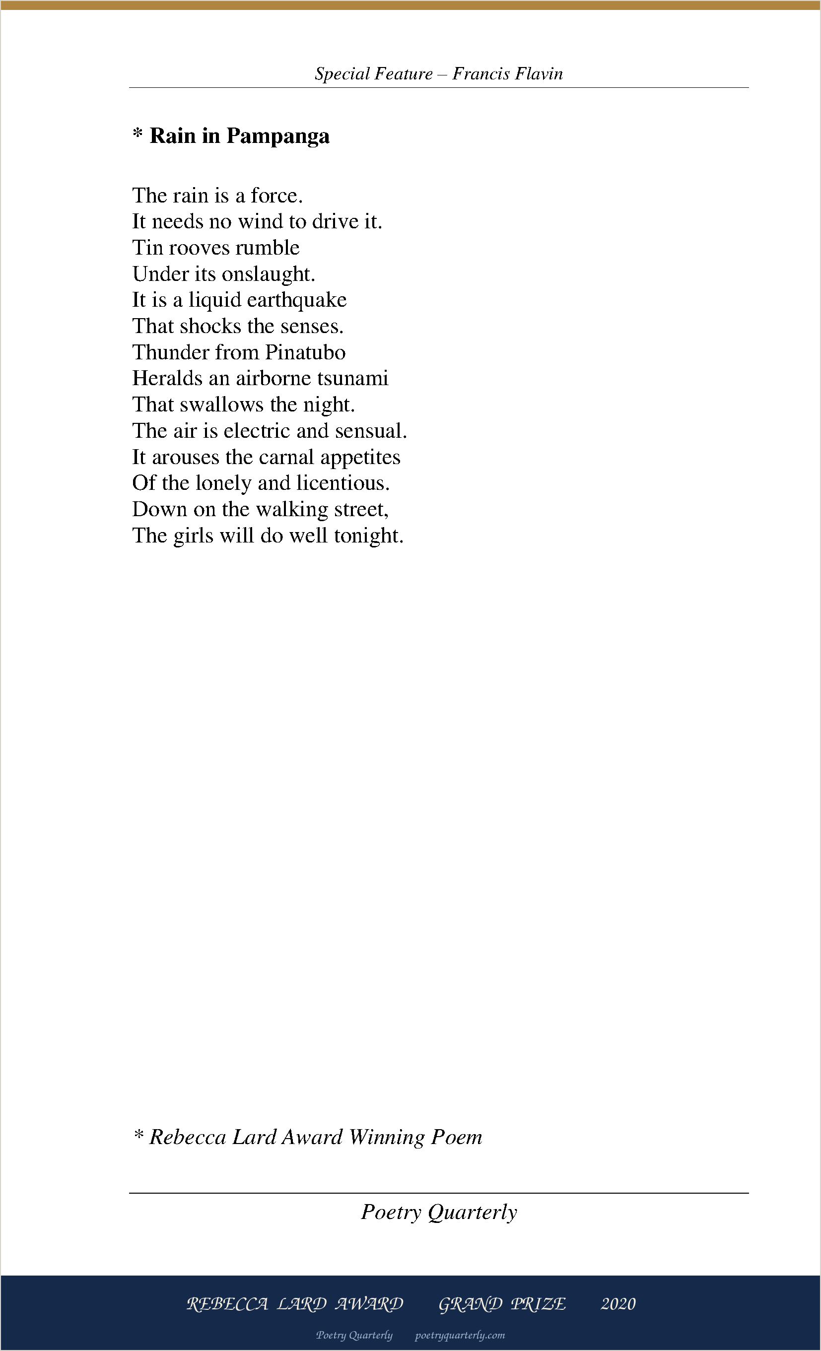 Rain in Pampanga by Francis Flavin, as printed in Poetry Quarterly